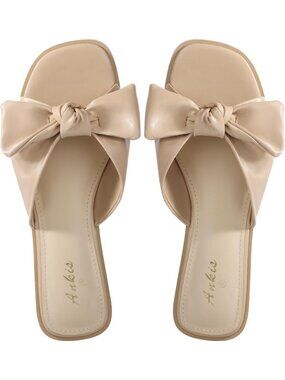 🆕Women's Nude Bow Flat Sandals Square Open Toe Dressy Comfortable Slides